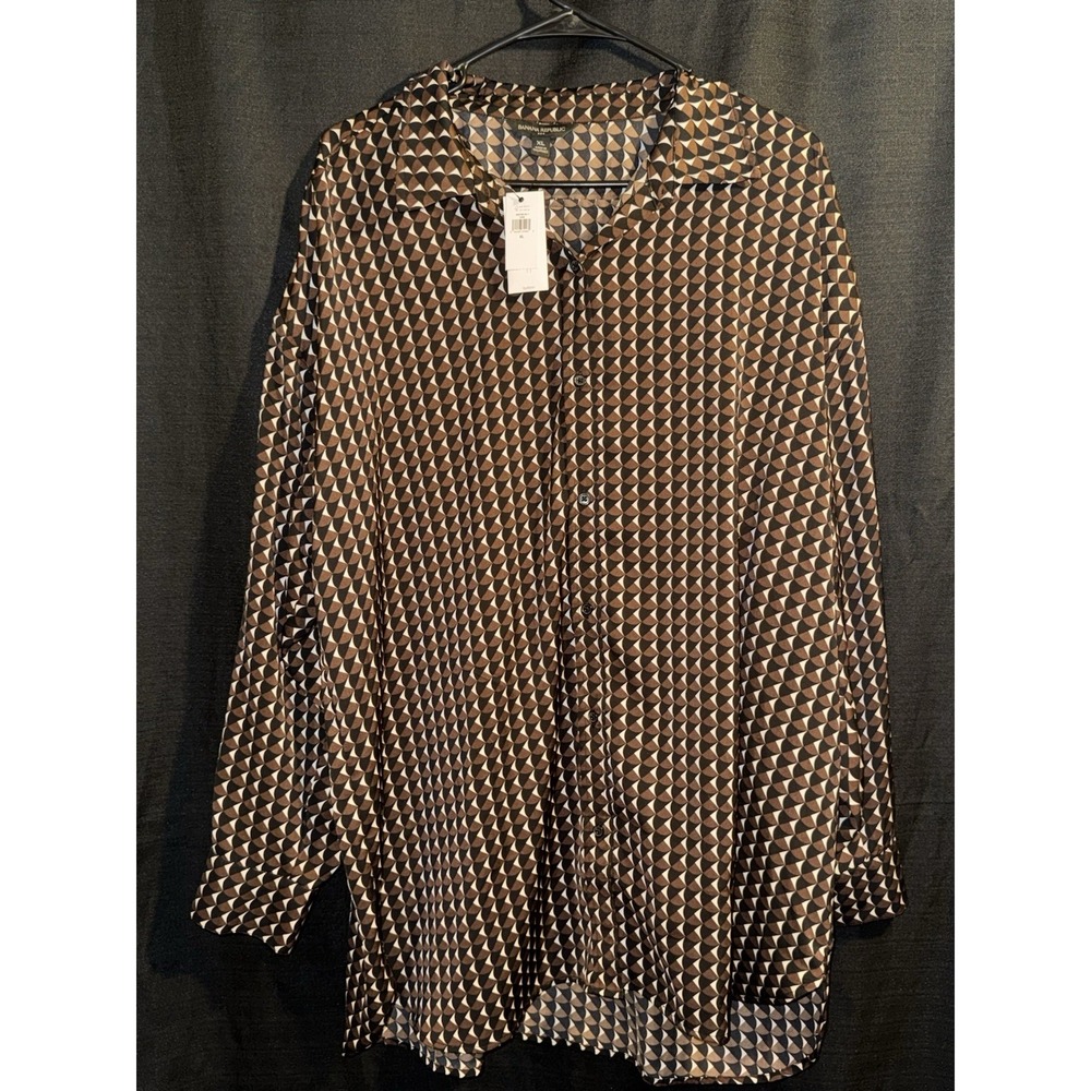 Banana Republic Factory Womens XL Satin Oversized Shirt Brown Geometric NWT